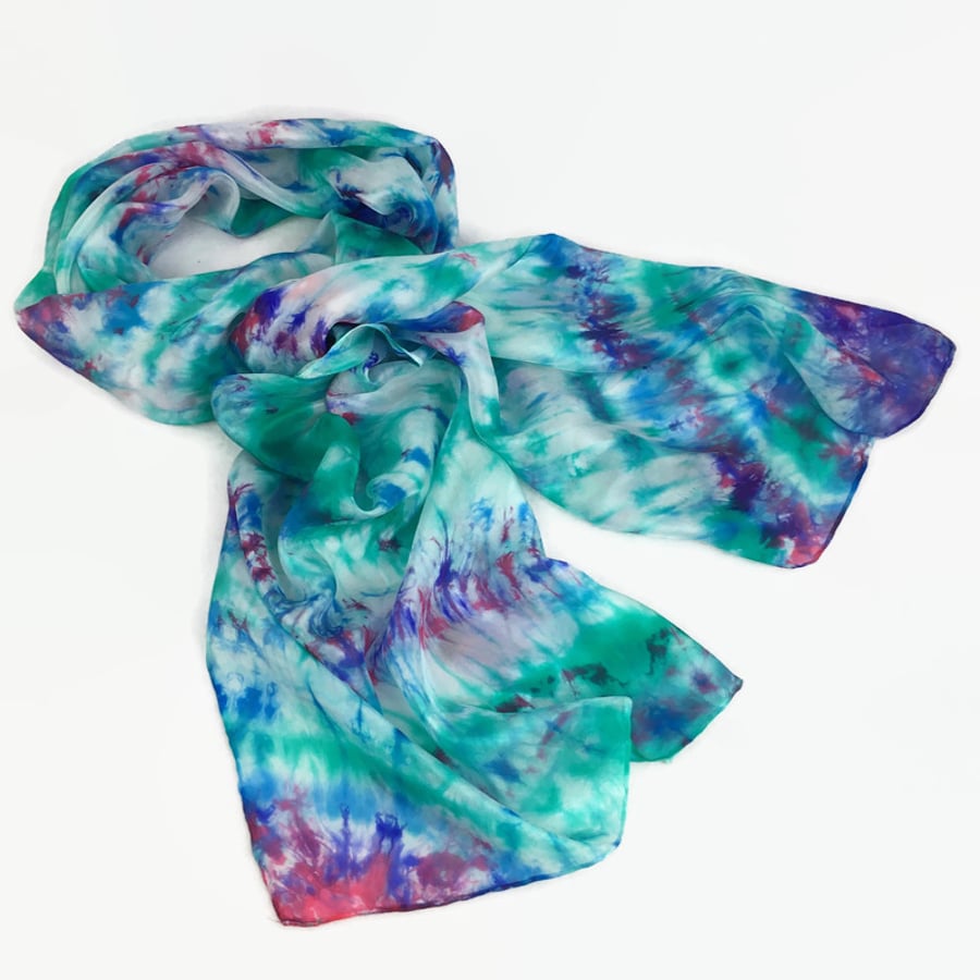 Hand dyed silk scarf in turquoise, blue and red