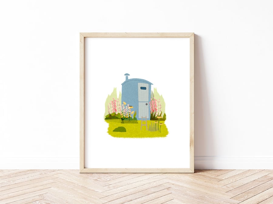 In the Garden - Shepherds Hut - Illustration - Art Print