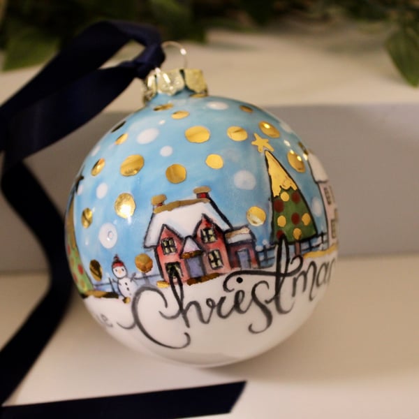 Little winter cottage ceramic bauble.