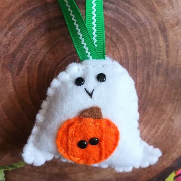 Halloween sweet 'Ghost & Pumpkin' hanging decoration hand sewn wool blend felt 