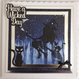 Pagan Halloween Card Have a Wicked Day Sexy Witch Cats 3D Luxury Blue 2