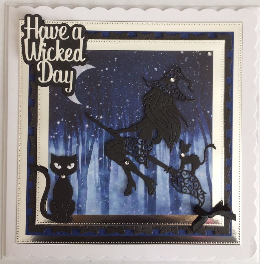 Pagan Halloween Card Have a Wicked Day Sexy Witch Cats 3D Luxury Blue 2