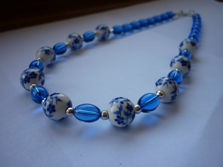 BLUE, WHITE AND SILVER - PORCELAIN BEAD NECKLACE.