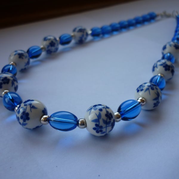 BLUE, WHITE AND SILVER - PORCELAIN BEAD NECKLACE.