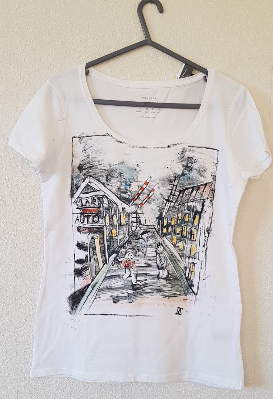 Individually designed Hand painted T-shirt casual Unique gift .White size 14