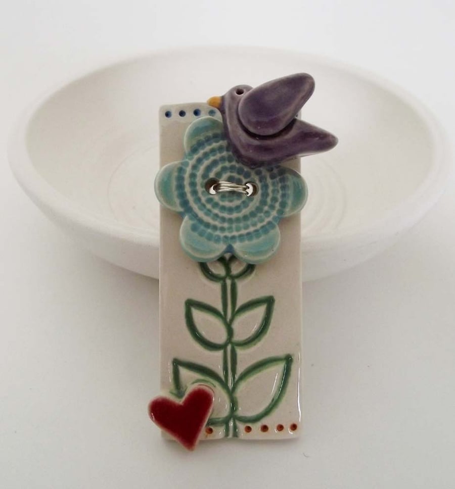 little bird on a flower button ceramic brooch
