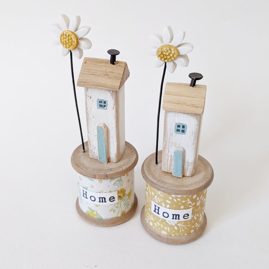 Wooden House on a Vintage Floral Bobbin with Clay Daisy 'Home'