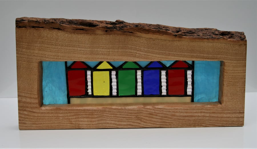 'Beach Huts' Stained glass in an Ash wood surround with live edge feature