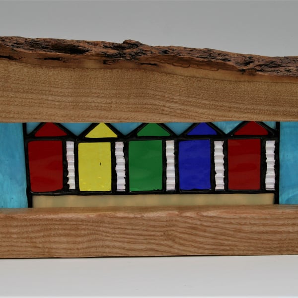 'Beach Huts' Stained glass in an Ash wood surround with live edge feature