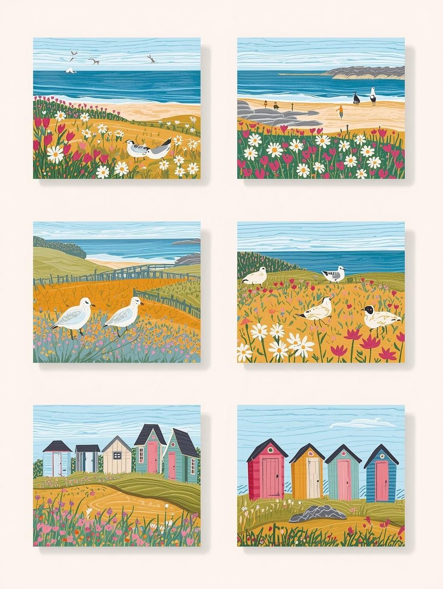 Pack of 6 - Beach Hut & Seaside   - A6 White Linen Note Cards & Envelope Set
