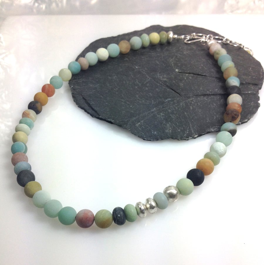 Chunky frosted amazonite and silver necklace