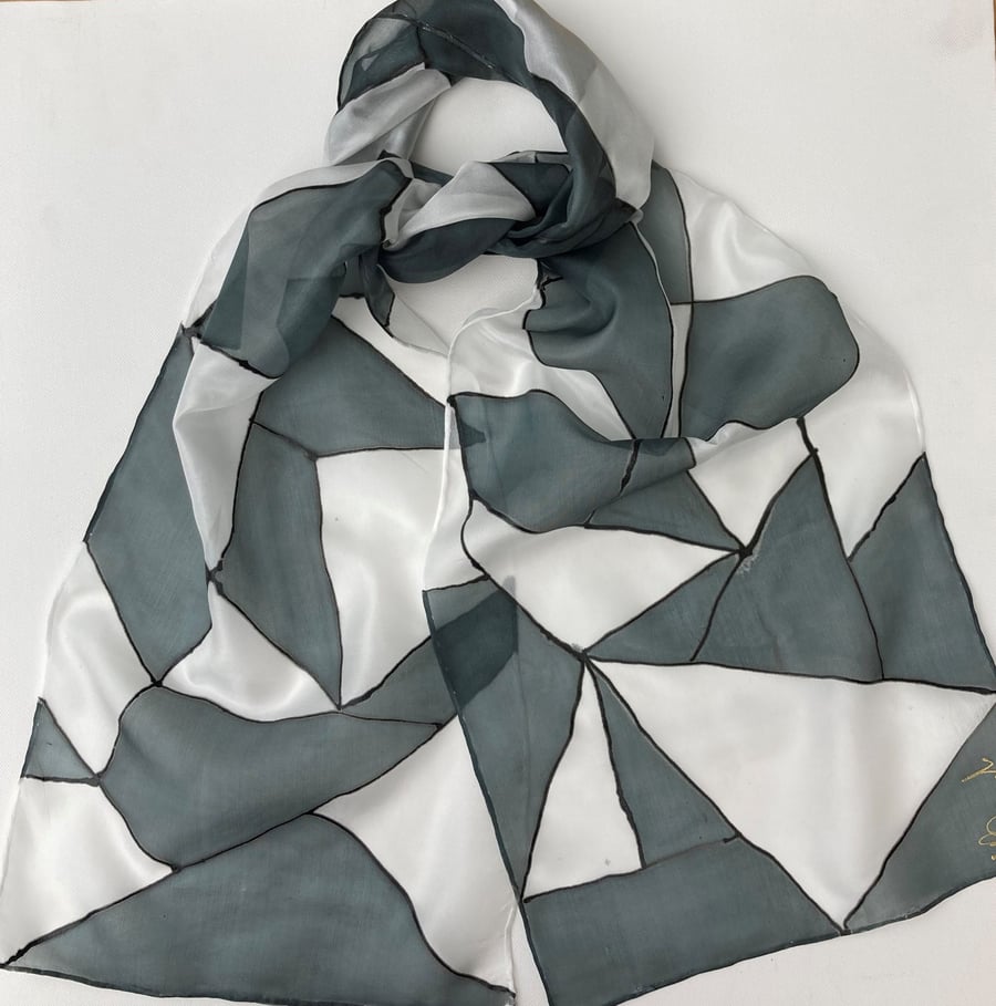 Black and white geometric design hand painted silk scarf