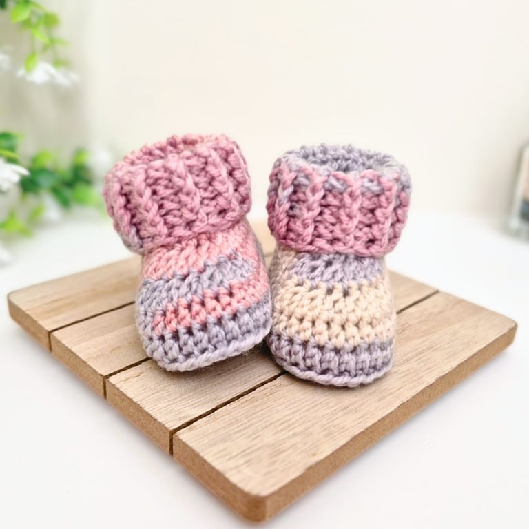 Handmade Crochet Newborn Baby Booties - Pebble Beach