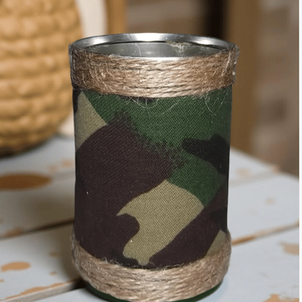 Pencil pot Storage, Desktop tin Unique one off Repurposed can