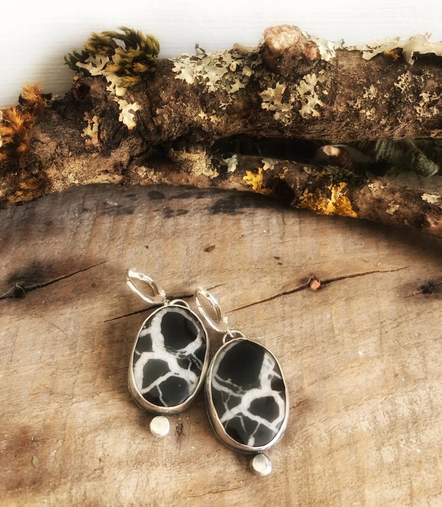 Black and White Earrings - Septarian Earrings - Silver Earrings