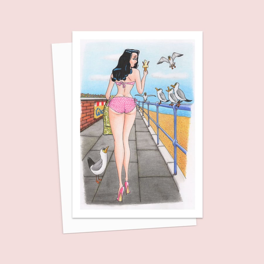Seaside Holiday Greetings Card: Retro Postcard Style Illustration (808)