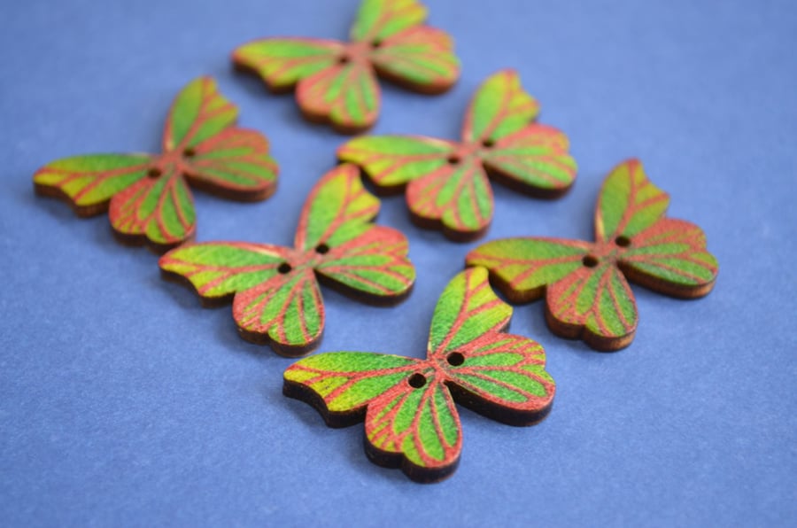 Wooden Butterfly Buttons Green Red 6pk 28x20mm (B13)