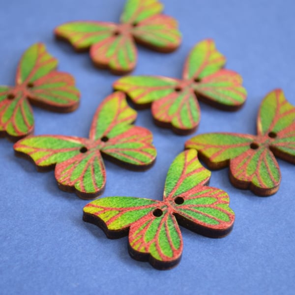 Wooden Butterfly Buttons Green Red 6pk 28x20mm (B13)