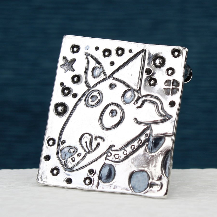Dog brooch, silver dog brooch, animal brooch, hallmarked, square brooch