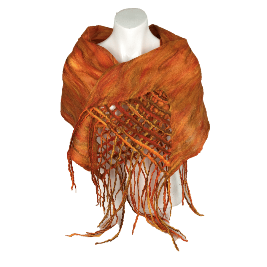 Orange nuno felted scarf, merino wool on silk with tassels and lattice detail