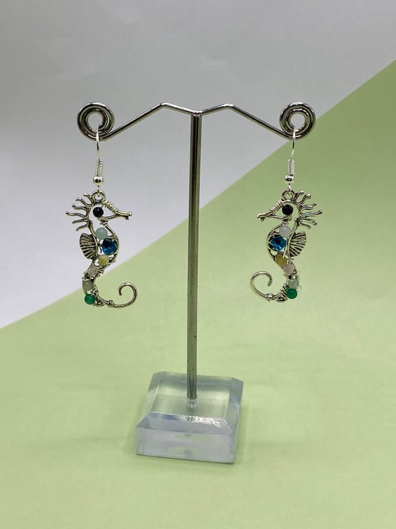 Tibetan silver seahorse earrings with multicolour agate and spinel stones