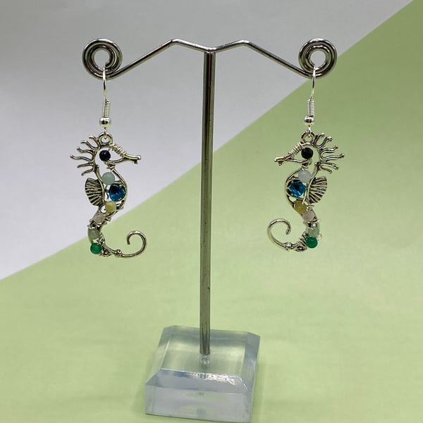 Tibetan silver seahorse earrings with multicolour agate and spinel stones