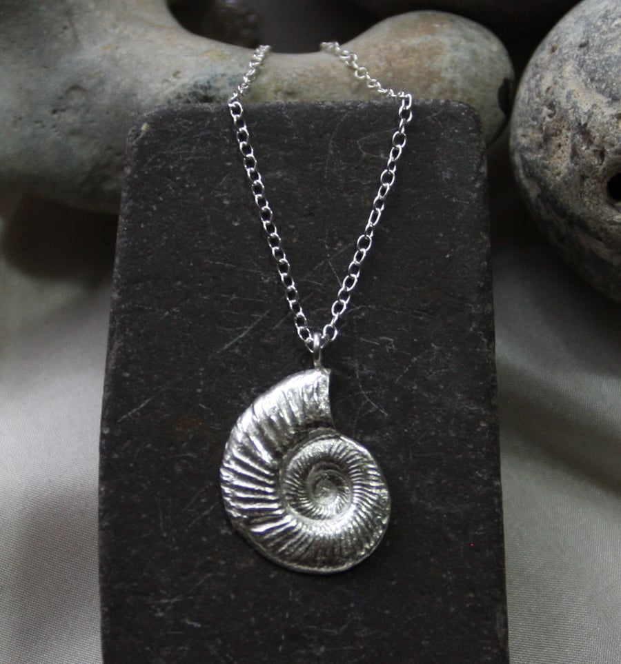 Silver ammonite - fine silver pendant necklace with sterling silver chain