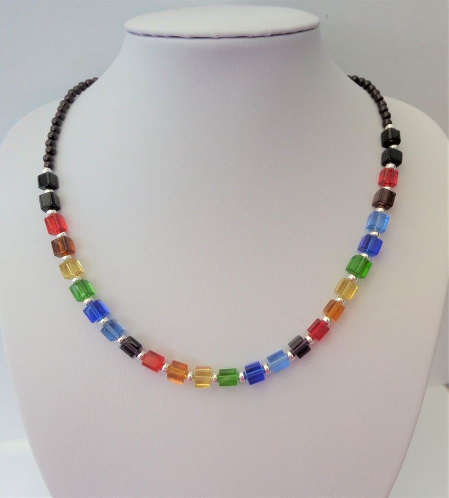 Multicoloured glass cube bead and black pearl necklace