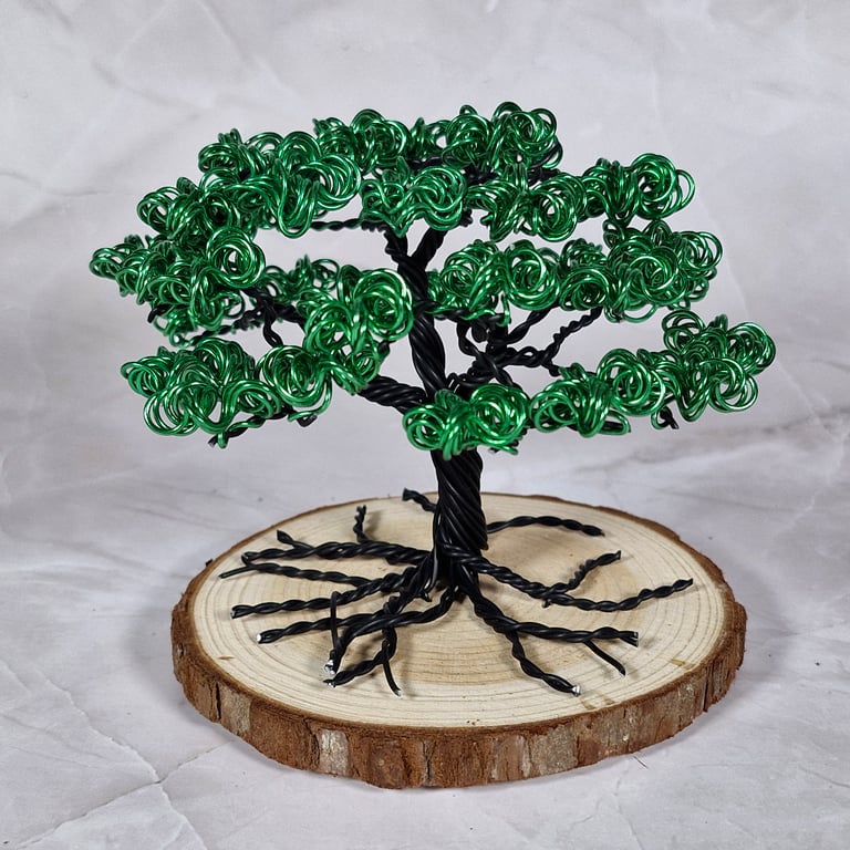 Small Wire Tree with Green Foliage on a Wooden Base