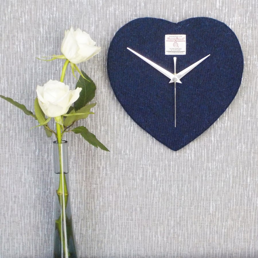 Harris tweed heart shaped clock dark blue handmade wall clock wedding gift