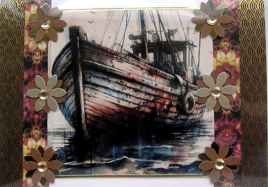 Wooden Fishing Boat - Hand Crafted Decoupage Greeting Card - Blank - 3153