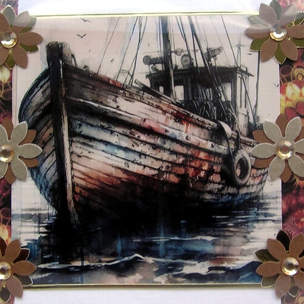 Wooden Fishing Boat - Hand Crafted Decoupage Greeting Card - Blank - 3153