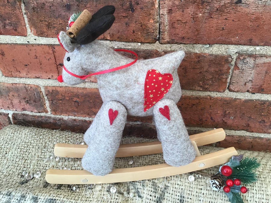 Beige Marl Gold Stars Rocking Reindeer Ornament