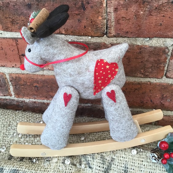 Beige Marl Gold Stars Rocking Reindeer Ornament