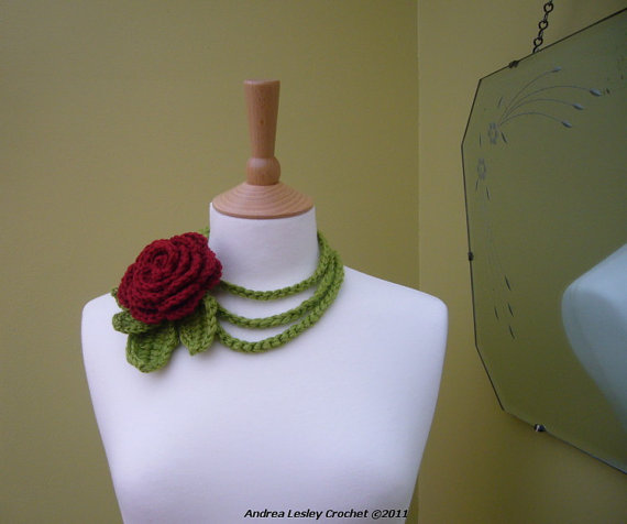 Lariat Scarf Necklace in Crochet with a Red Rose and Green Leaves (Made to order