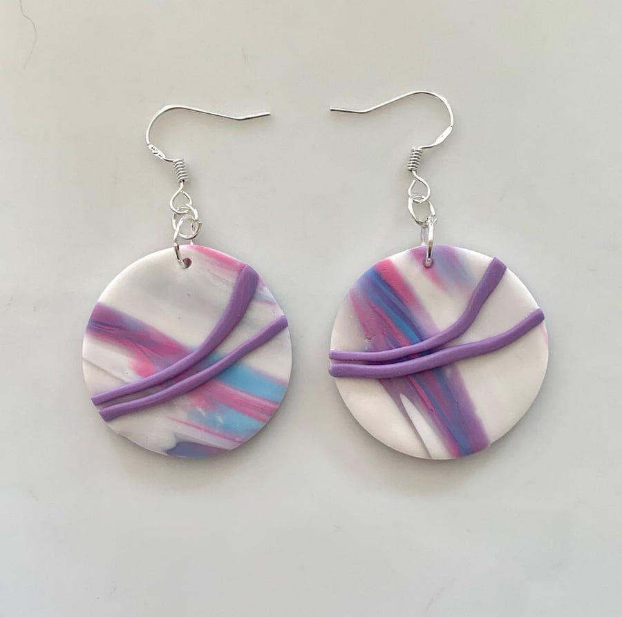 Contemporary polymer clay purple & white lightweight dangle earrings 