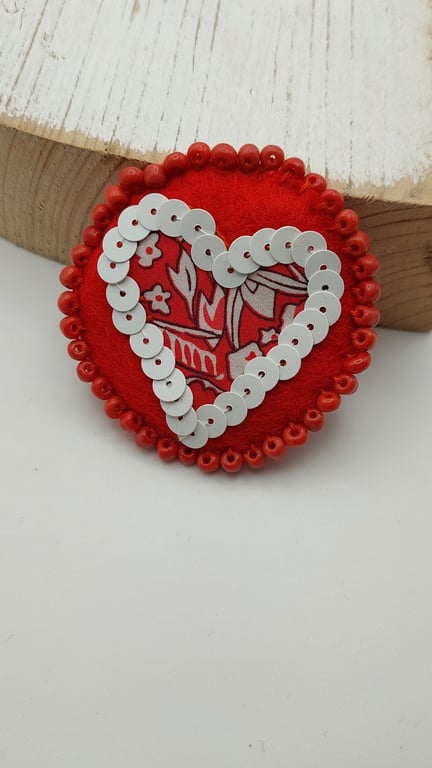 Embroidered Red & White Heart Brooch with Beads and Sequins