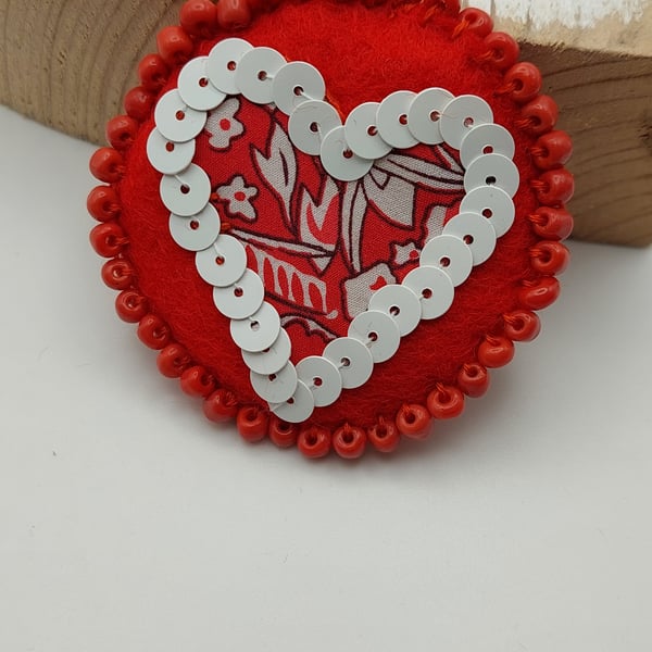 Embroidered Red & White Valentine’s Heart Brooch with Beads and Sequins