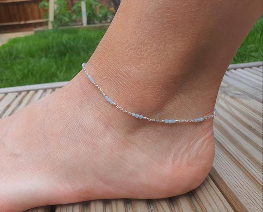 Aquamarine Sterling Silver Anklet, Crystal Anklet