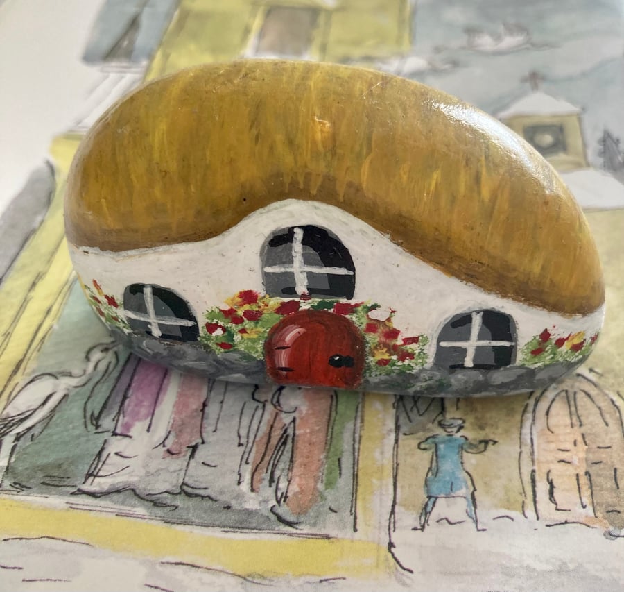 Hand Painted Rock Cottage Cor Thatched Cottage Fairy Garden