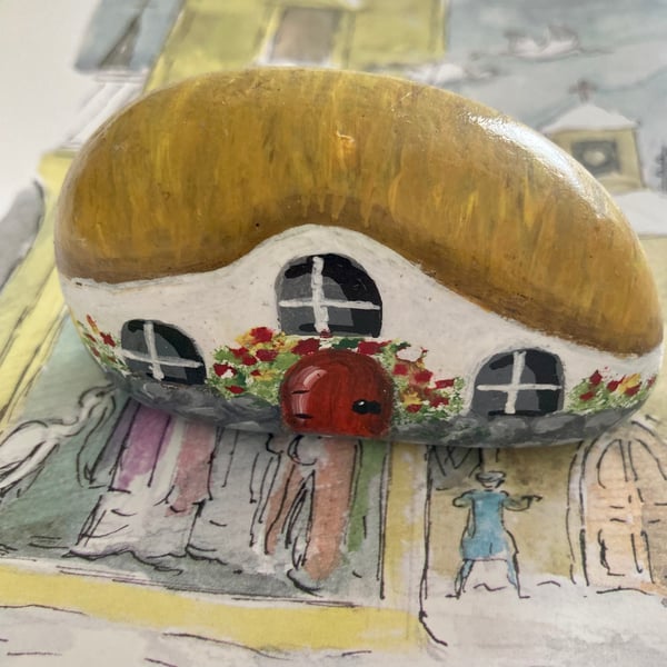 Hand Painted Rock Cottage Cor Thatched Cottage Fairy Garden