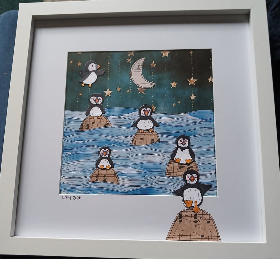 Quirky art original art cute puffins and beautiful moonlit sea statement picture