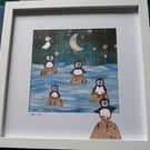 Quirky art original art cute puffins and beautiful moonlit sea statement picture