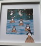 Quirky art original art cute puffins and beautiful moonlit sea statement picture