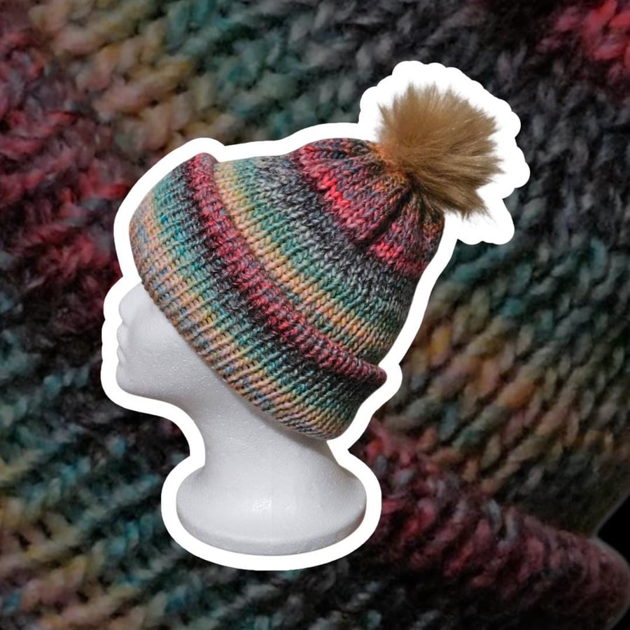 Winter Hat With Faux Fur Bobble (handmade)