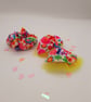 Set of 2 neon flower hair accessories,  clip on bow,scrunchie, yellow tulle. - Image 3