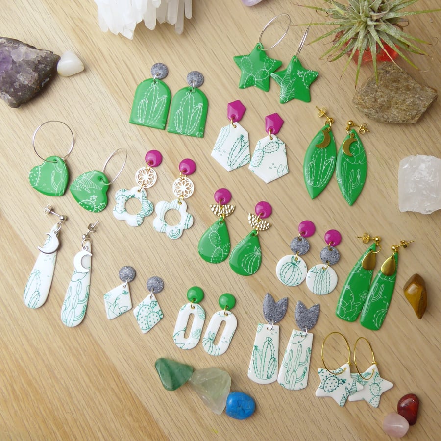 Green, Grey, Pink, and White Cactus, Succulent and Houseplant Statement Earrings