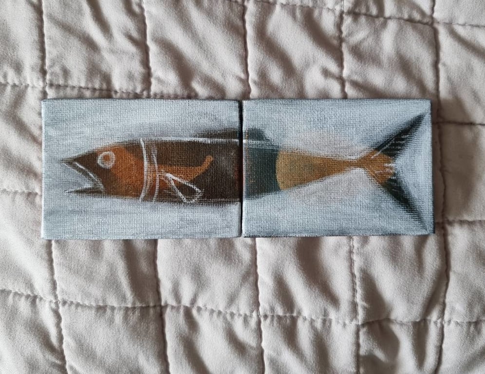 Twice Fish ACEO Diptych 2.5"x3.5" Original oil paint by David Nicol Art