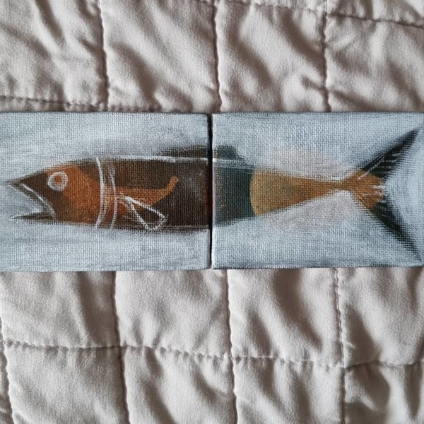 Twice Fish ACEO Diptych 2.5"x3.5" Original oil paint by David Nicol Art