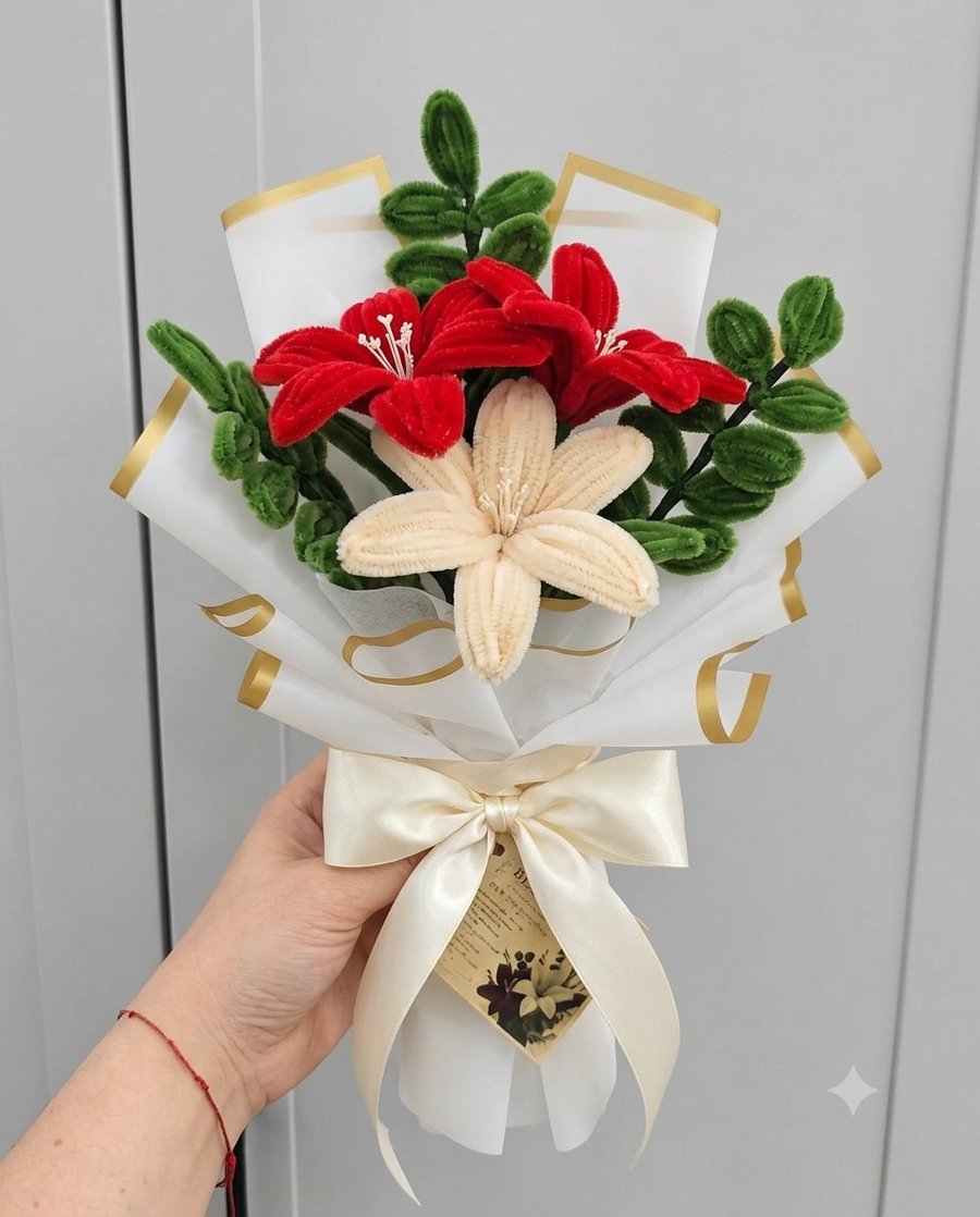 Handmade Red & Ivory Lily Bouquet – Everlasting Chenille Stem Handmade Flowers 